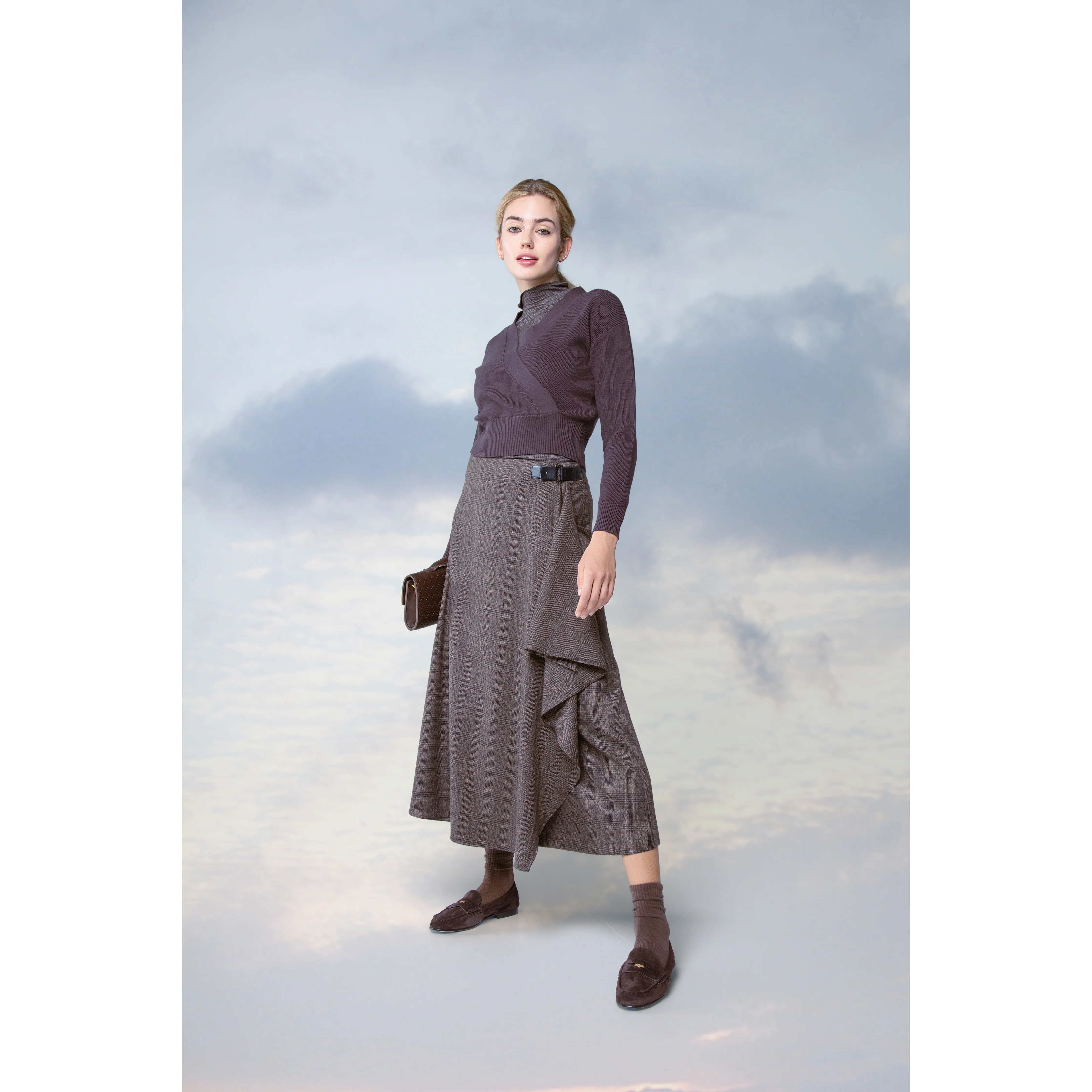 BROWN PLAID WRAP SKIRT