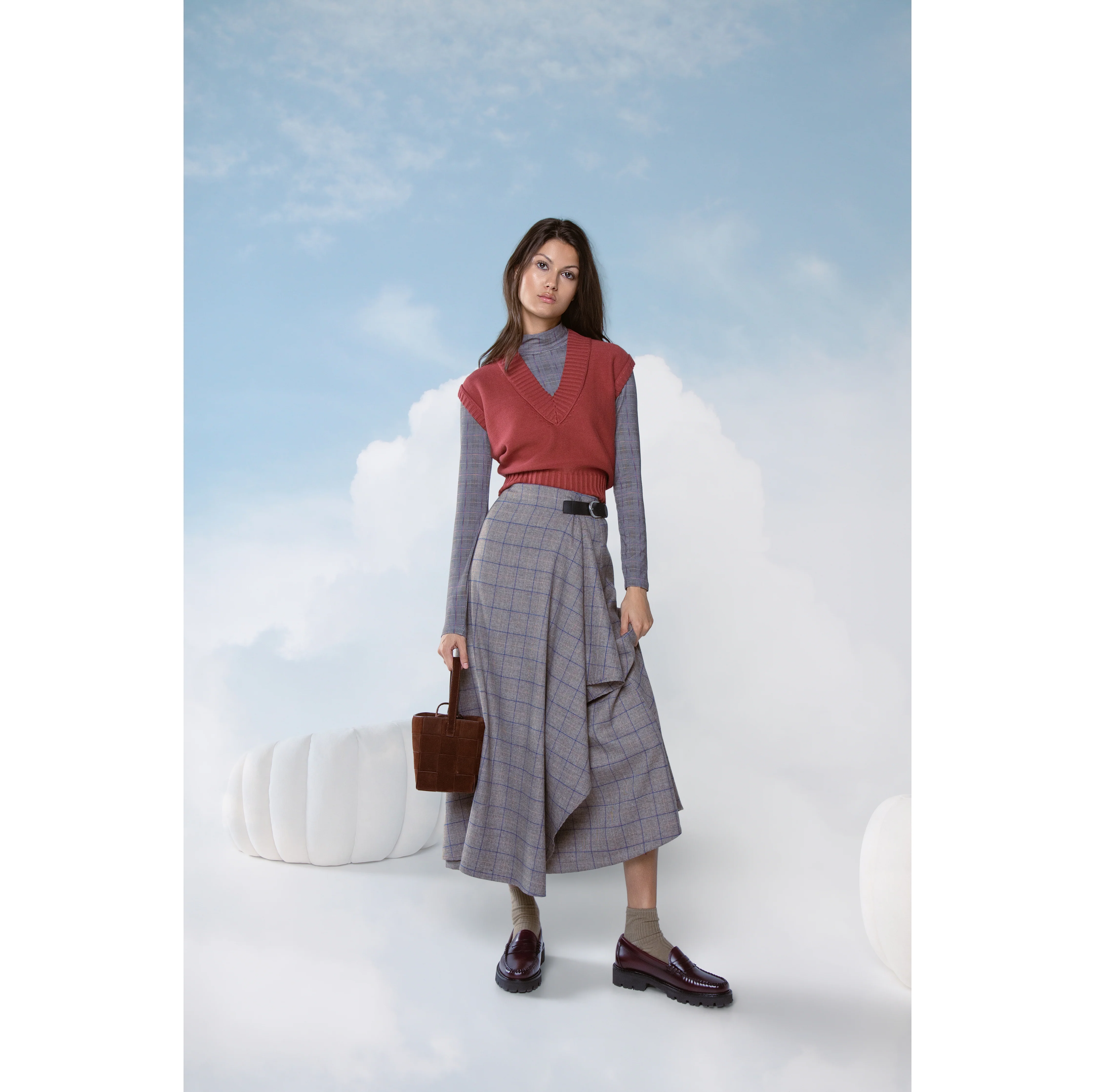 CAMEL PLAID WRAP SKIRT