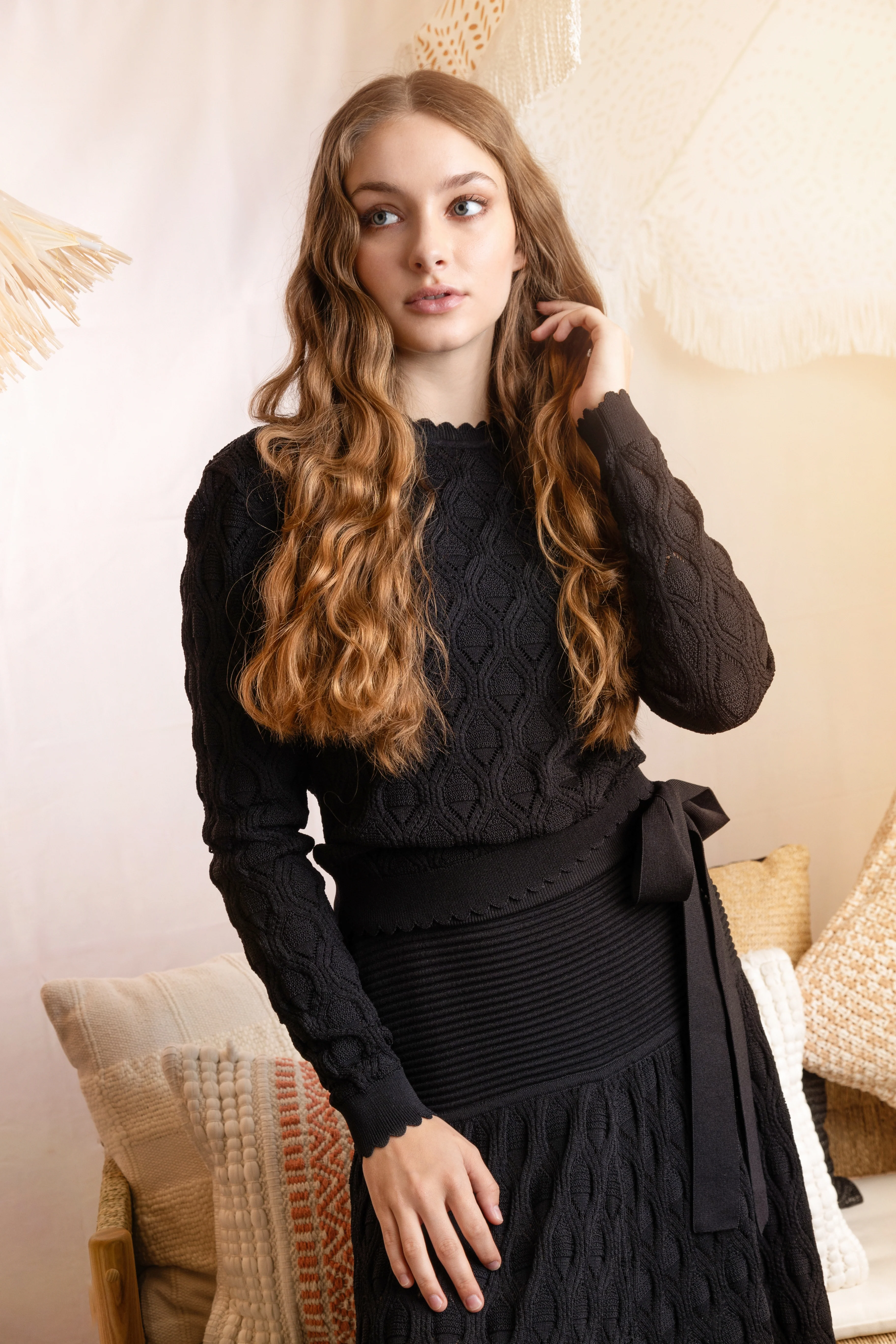 BLACK POINTELLE KNIT SWEATER