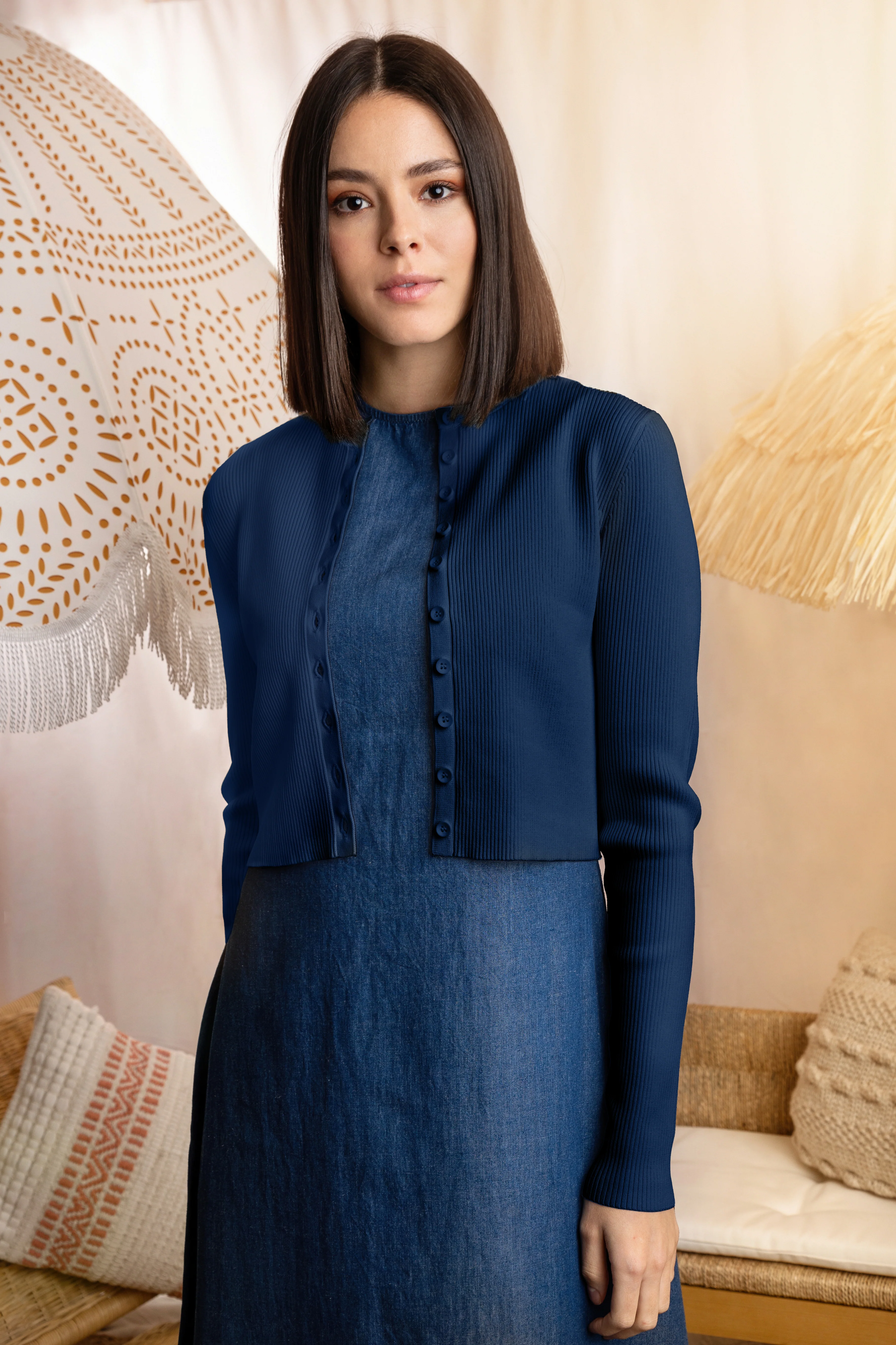NAVY BASIC RIB CARDIGAN