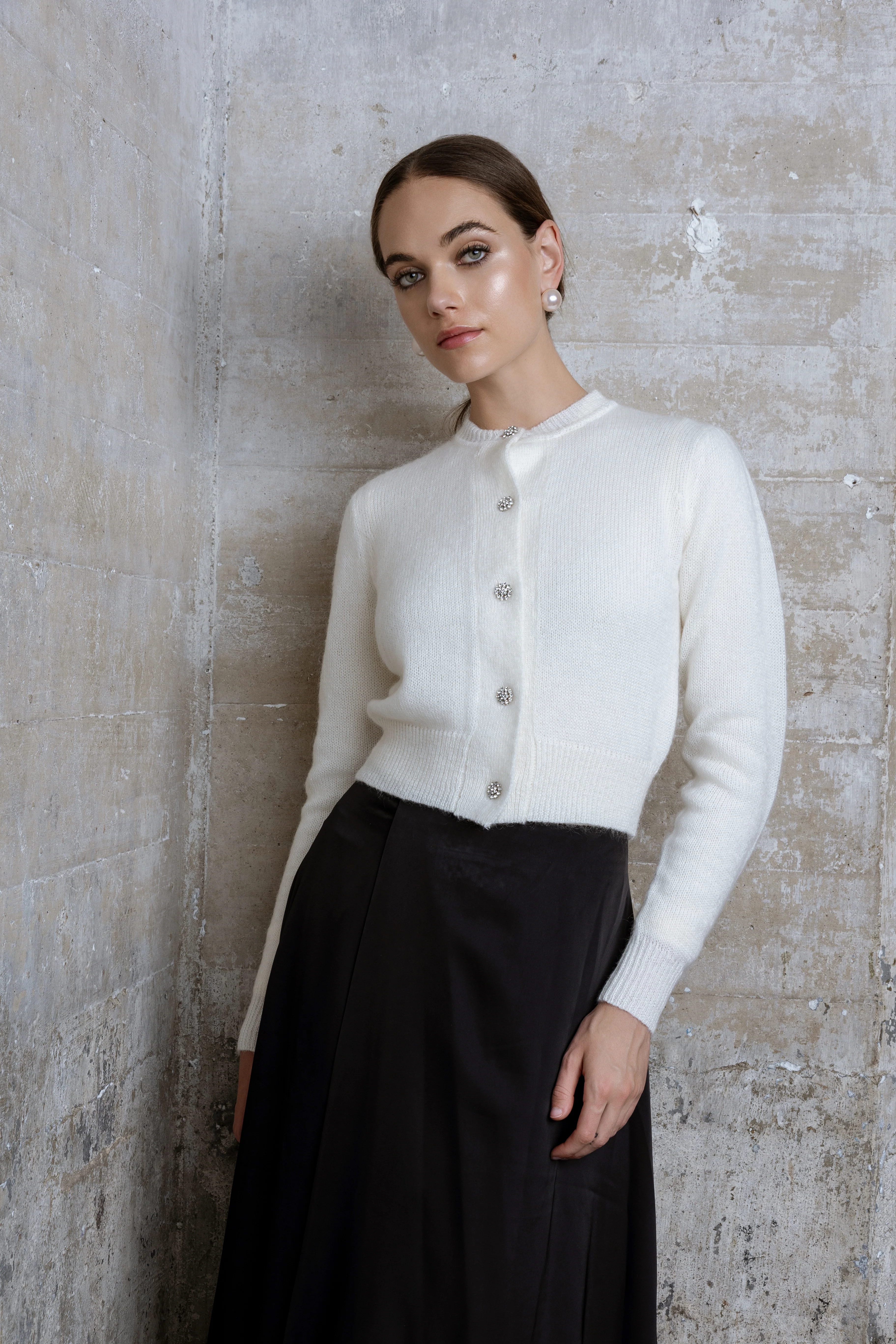 CREAM MOHAIR RHINESTONE CARDIGAN - Image 2